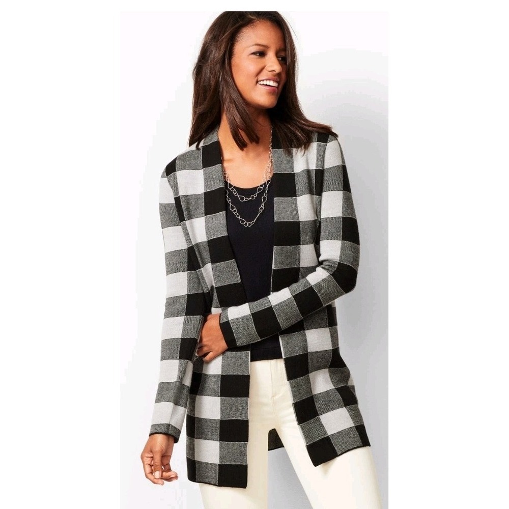Talbots‎ Merino Wool Black Plaid Check Long Open Cardigan Sweater Large Teacher